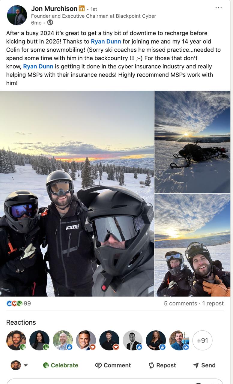 Jon Murchison, Founder of Blackpoint Cyber, endorsing Ryan Dunn on LinkedIn